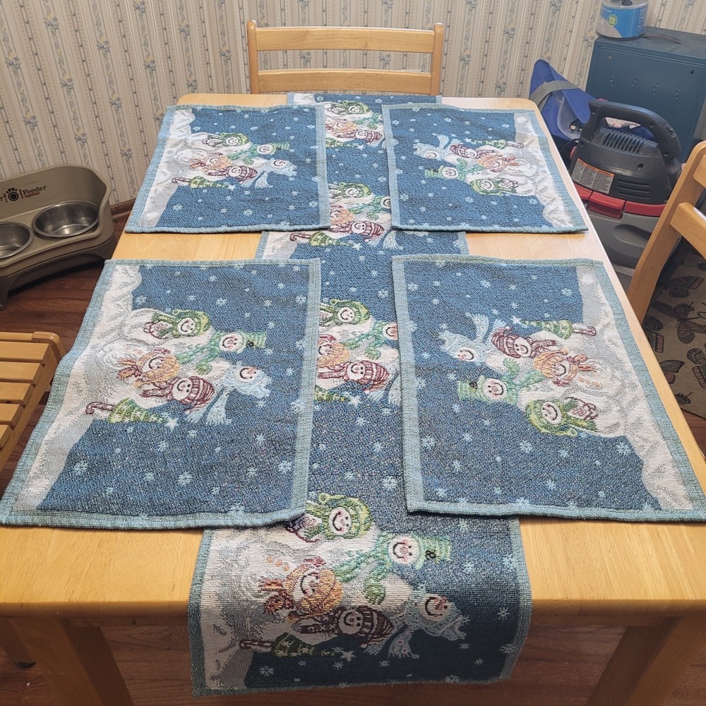 Snowman Family Christmas Holiday Tapestry‎ Placemats Set Of 4 With Runner